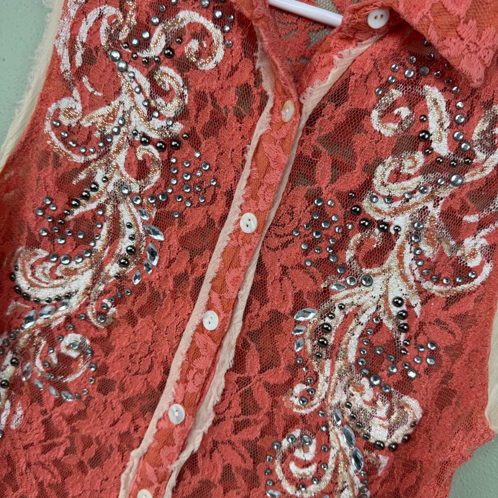 Miss Me Womens XS Coral Pink Lace Rhinestone Embellished Sleeveless Top MDT330 - Picture 3 of 8